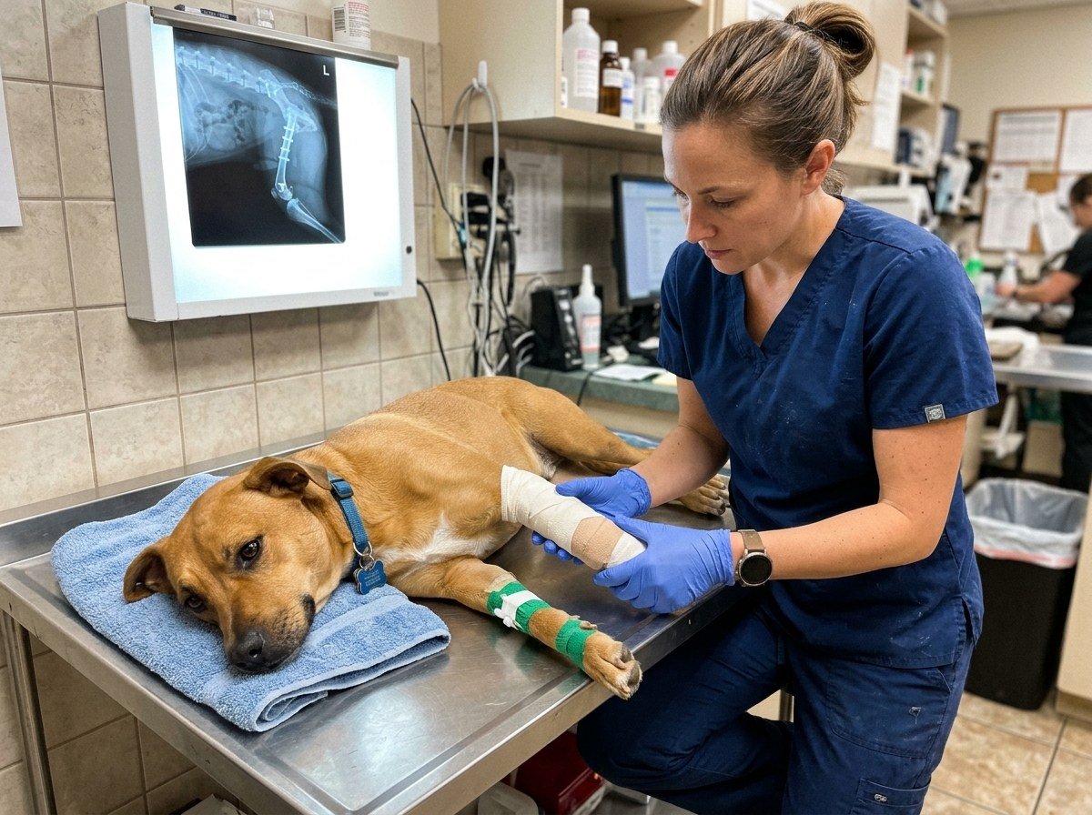 Veterinária avaliando o cão Thor na clínica com raio-X no negatoscópio ao fundo